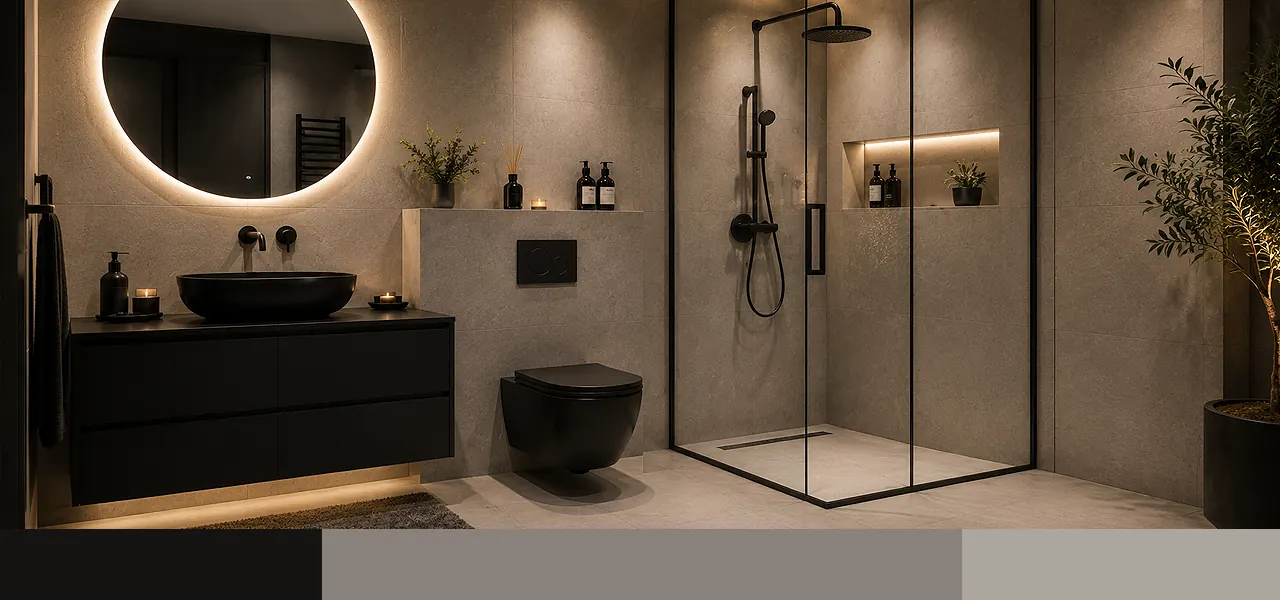 A dramatic modern bathroom with charcoal grey stone-effect walls, a wall-mounted black vanity with countertop basin, round backlit mirror, wall-hung black toilet, and a frameless walk-in shower with matt black fittings.